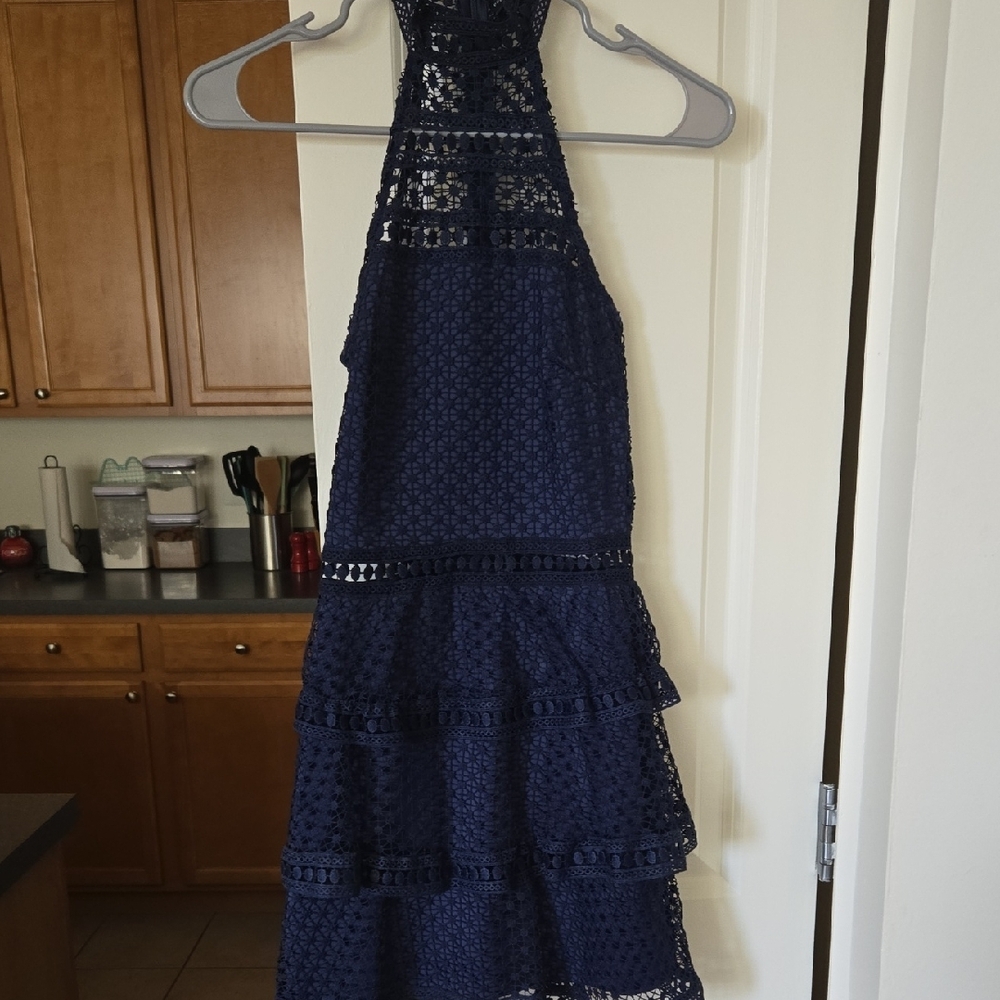 PrettyLittleThing Navy Lace Halter Dress